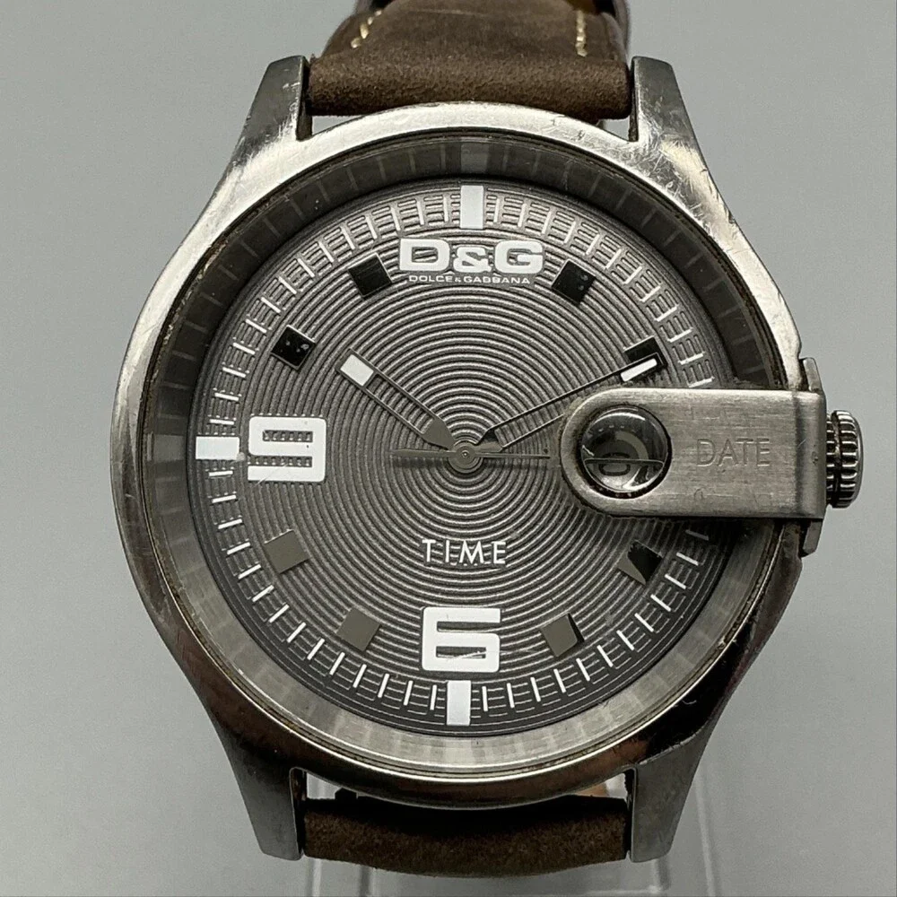 Dolce&Gabbana D&G Time Mens Watch 43mm Gray Dial Brown Leather Date New Battery